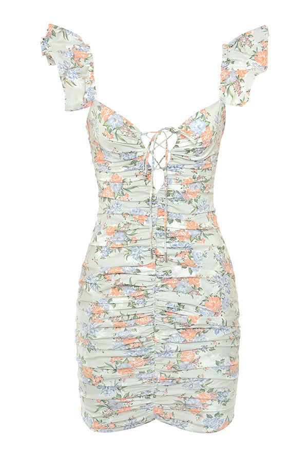 FLORAL LACE UP RUNCHED BTTERFLY SLEEVE DRESS