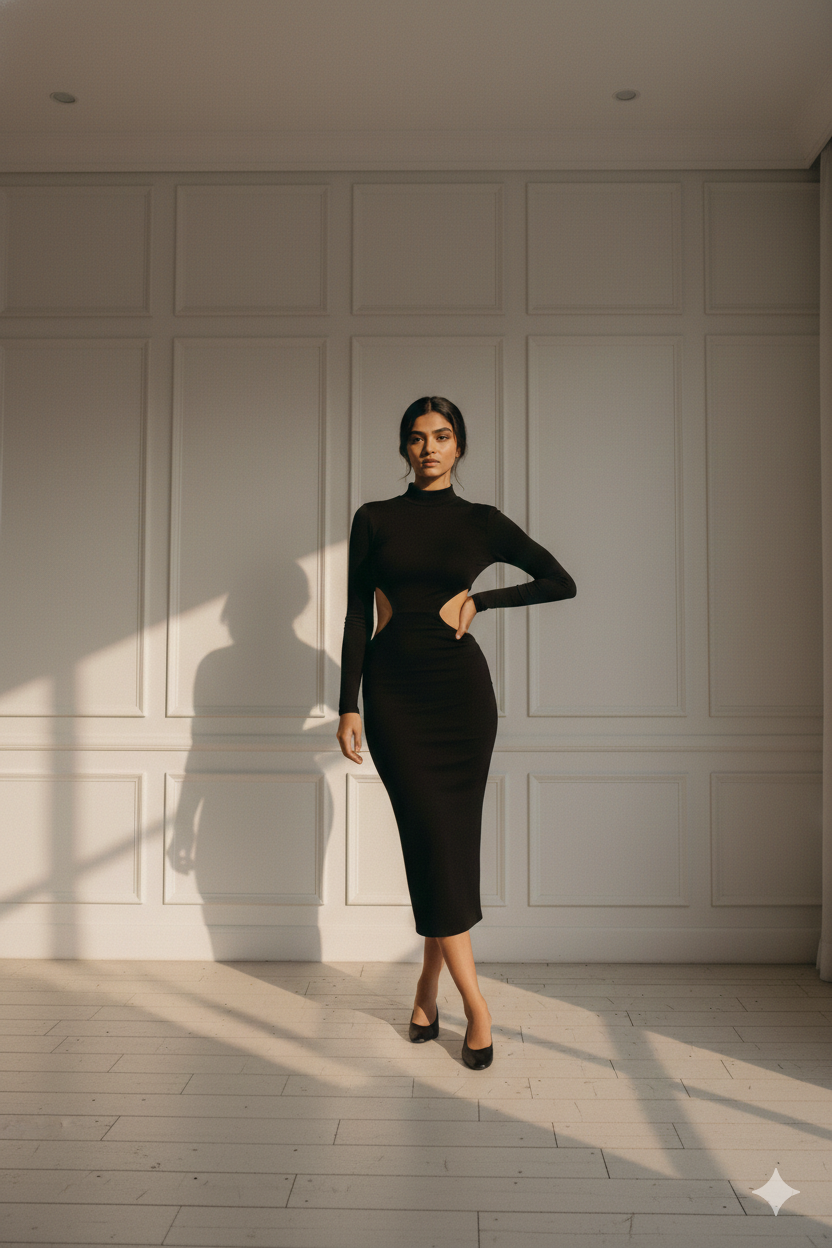 TURTLENECK SIDE CUTOUT BLACK MIDI DRESS