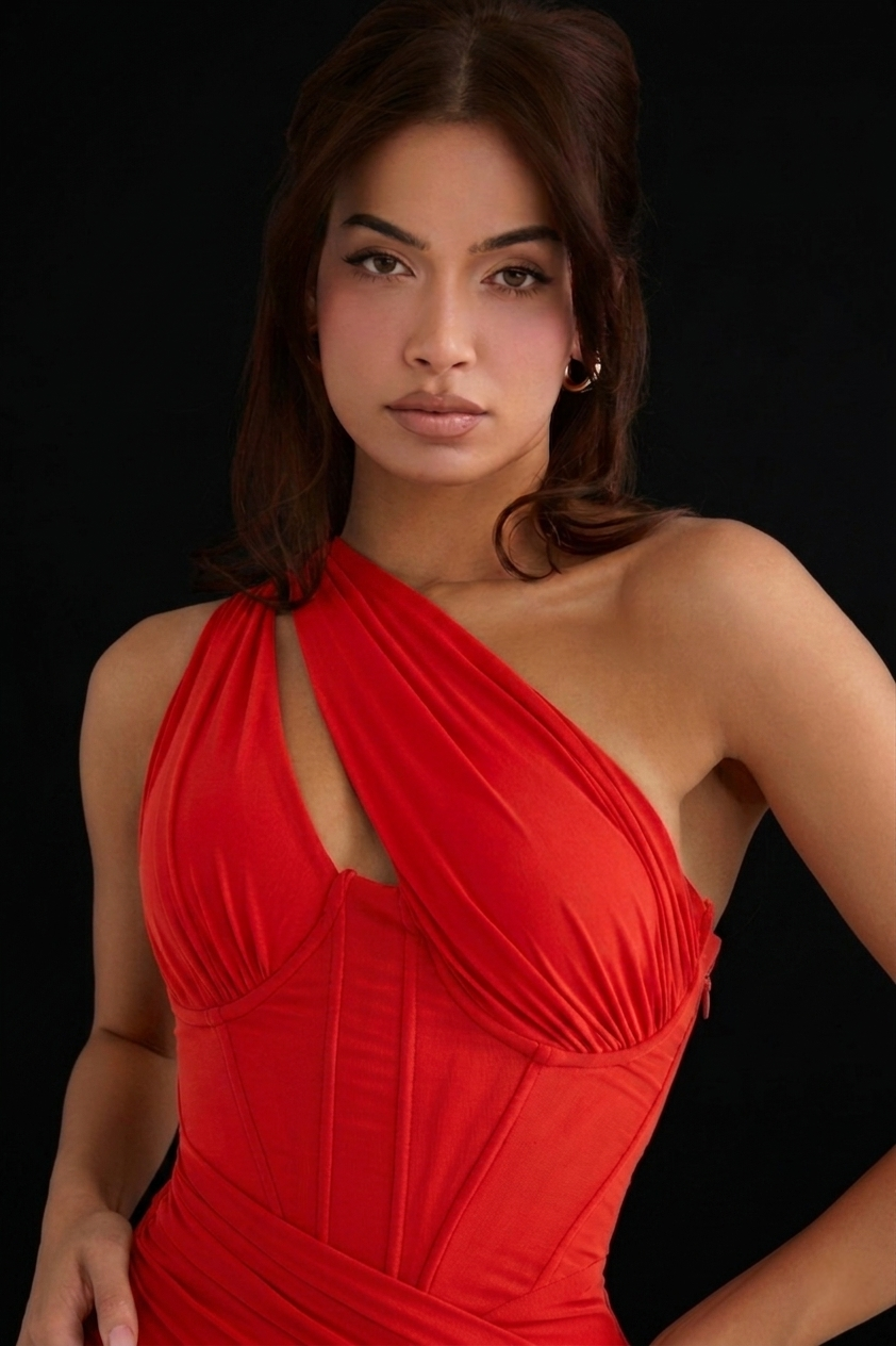 RED ASYMMETRIC CUTOUT MIDI DRESS