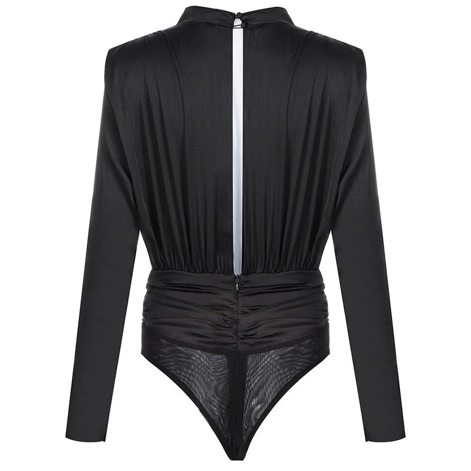 BLACK SATIN MOCK NECK BODYSUIT
