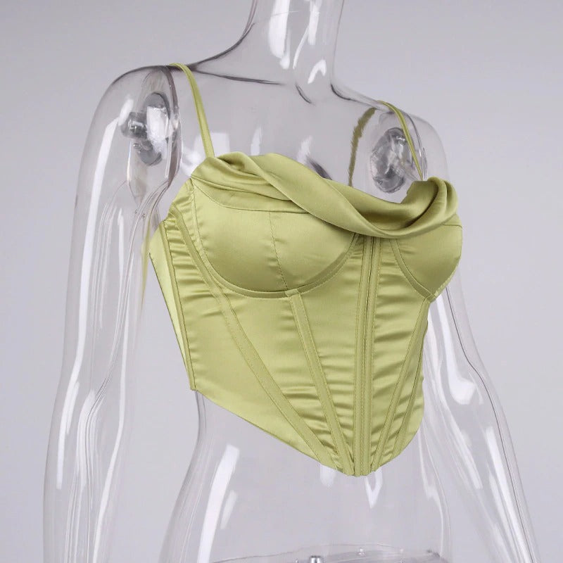 GREEN SATIN DRAPED CORSET TOP