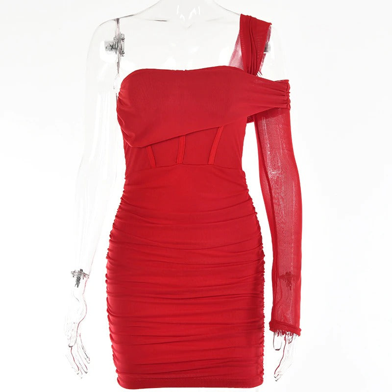MESH ASYMMETRIC OFF SHOULDER MINI DRESS