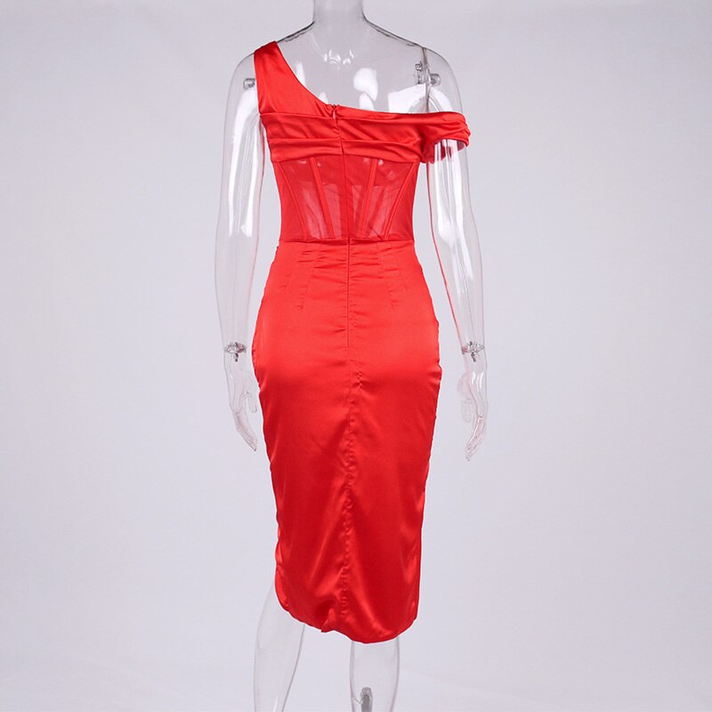 ASYMMETRIC DRAPE MIDI CORSET DRESS