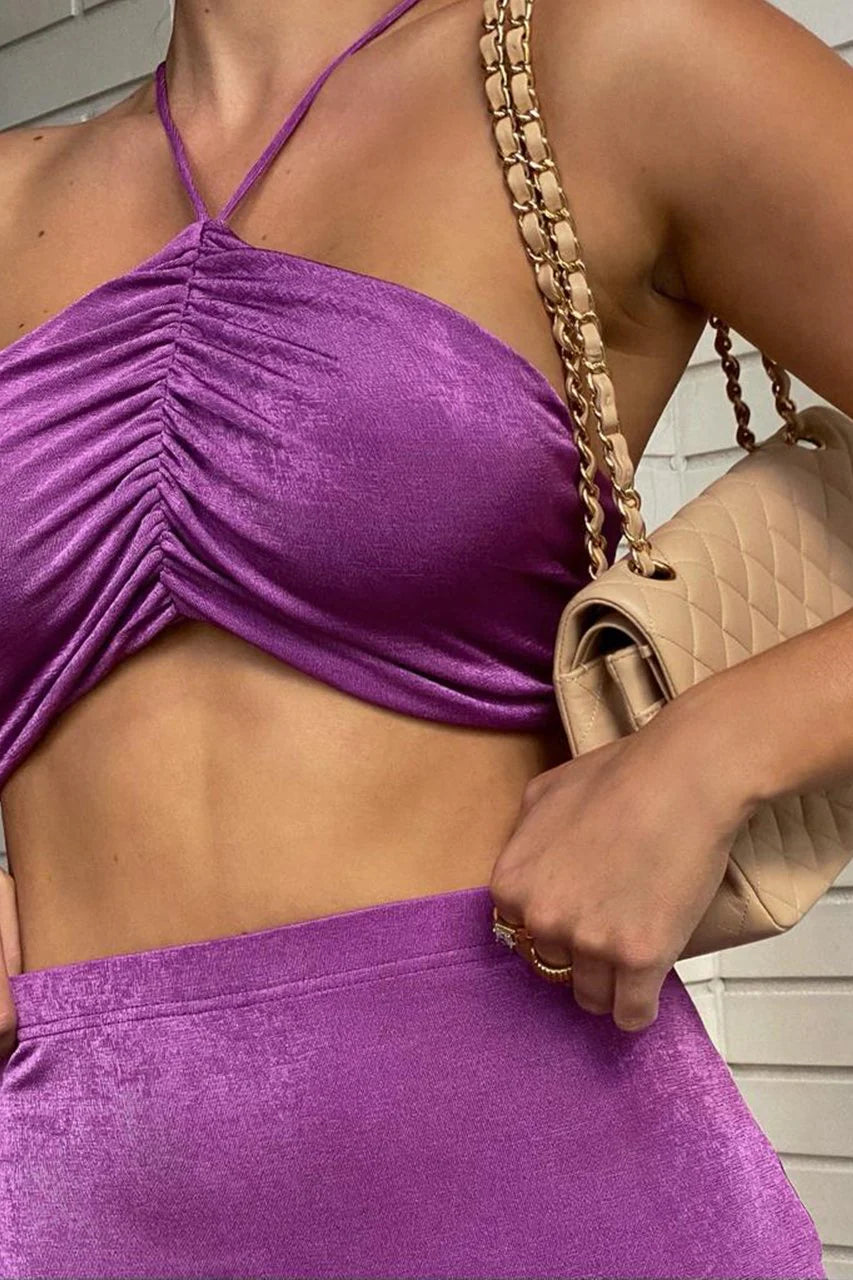 PURPLE RUCHED HALTER NECK CORD SET