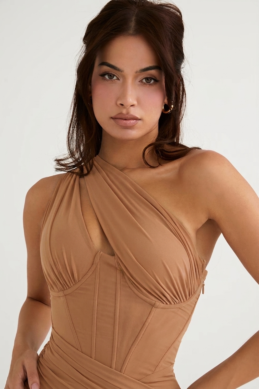 MOCHA ASYMMETRIC CUTOUT MIDI DRESS