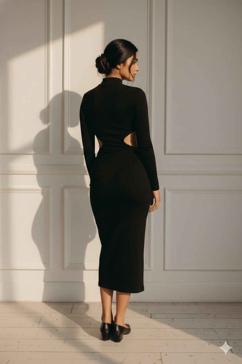 TURTLENECK SIDE CUTOUT BLACK MIDI DRESS