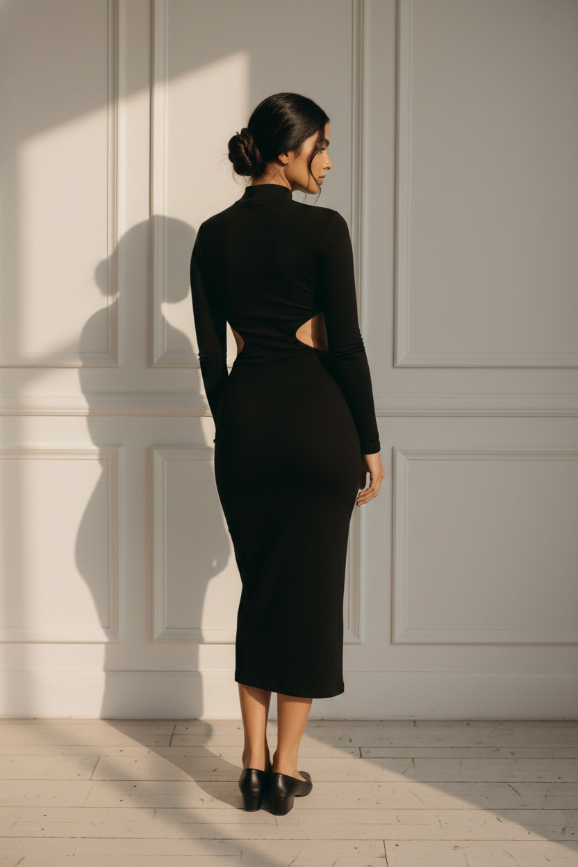 TURTLENECK CUTOUT BLACK MIDI DRESS