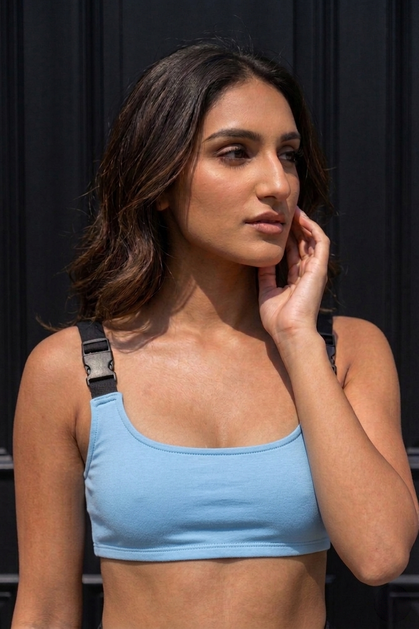 BLUE BUCKLE CROP TOP AND SKIRT