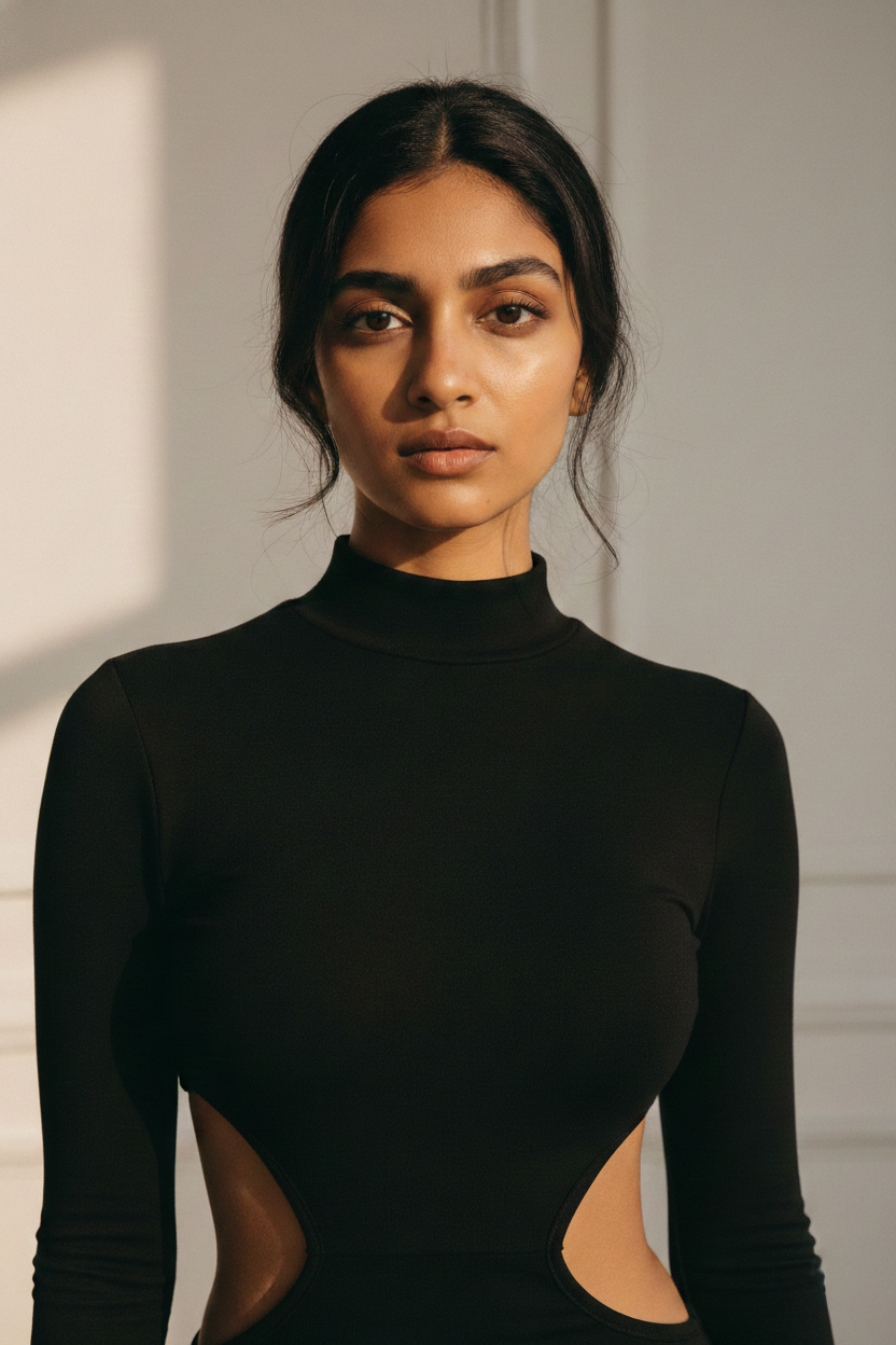 TURTLENECK CUTOUT BLACK MIDI DRESS