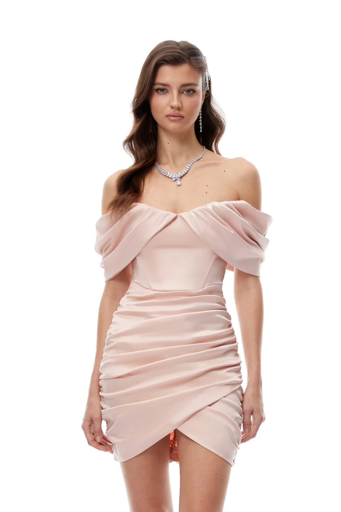 OFF-SHOULDER BLUSH PINK SATIN CORSET DRESS