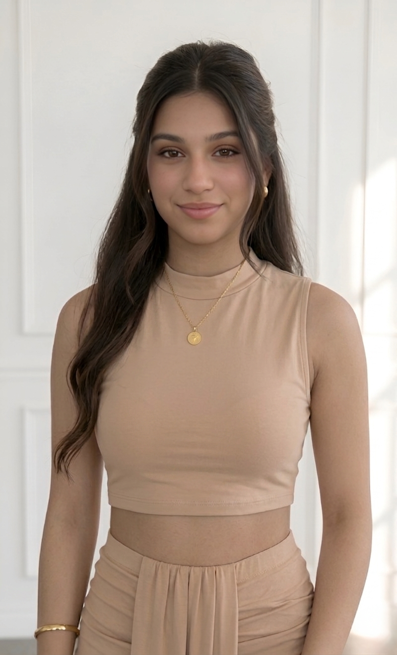 NUDE CROP TOP AND TWISTED SIDE SLIT SKIRT CORD SET
