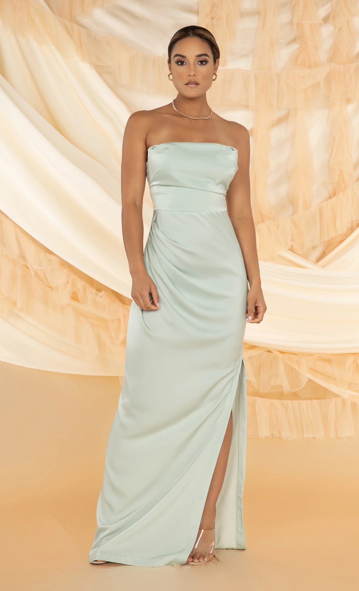 SATIN STRAPLESS MAXI DRESS
