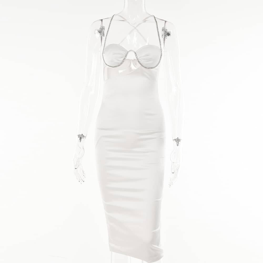 EMBELLISHED ASYMMETRIC CUT OUT MIDI DRESS