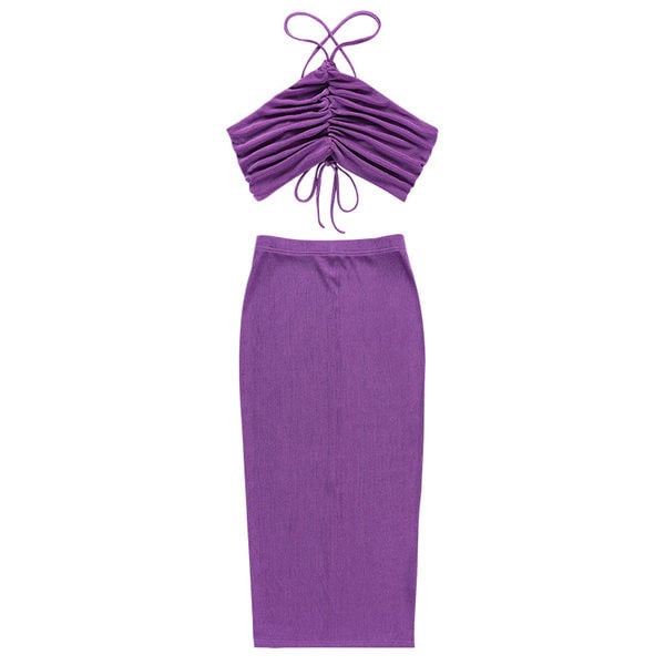PURPLE RUCHED HALTER NECK CORD SET