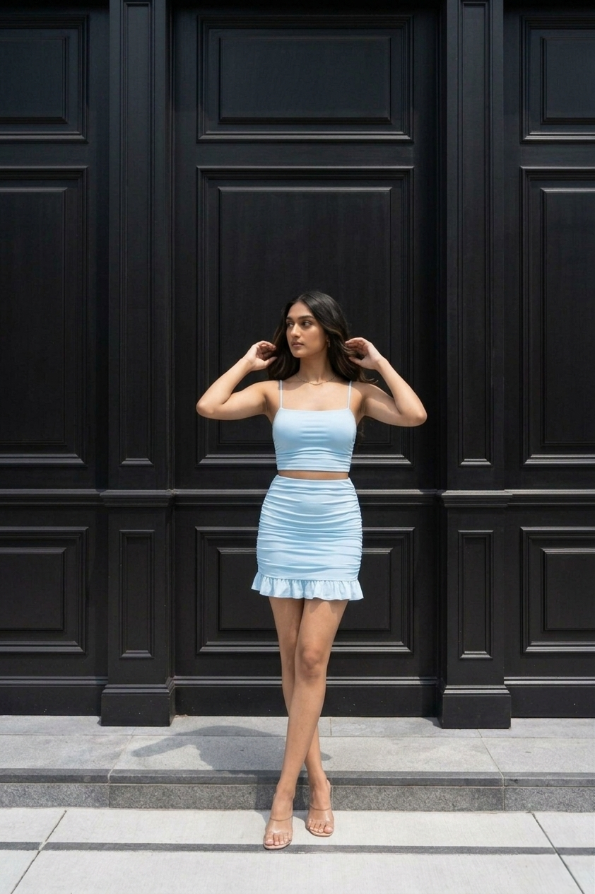 SKY BLUE NODDLE STRAP RUCHED CORD-SETS