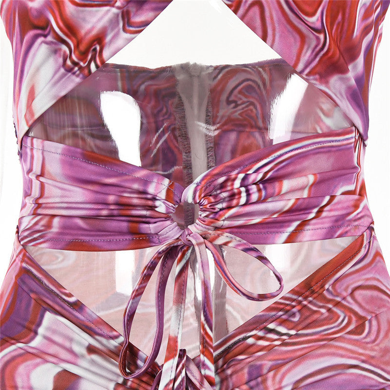 ORCHID HALTER CUTOUT RUCHED DRESS