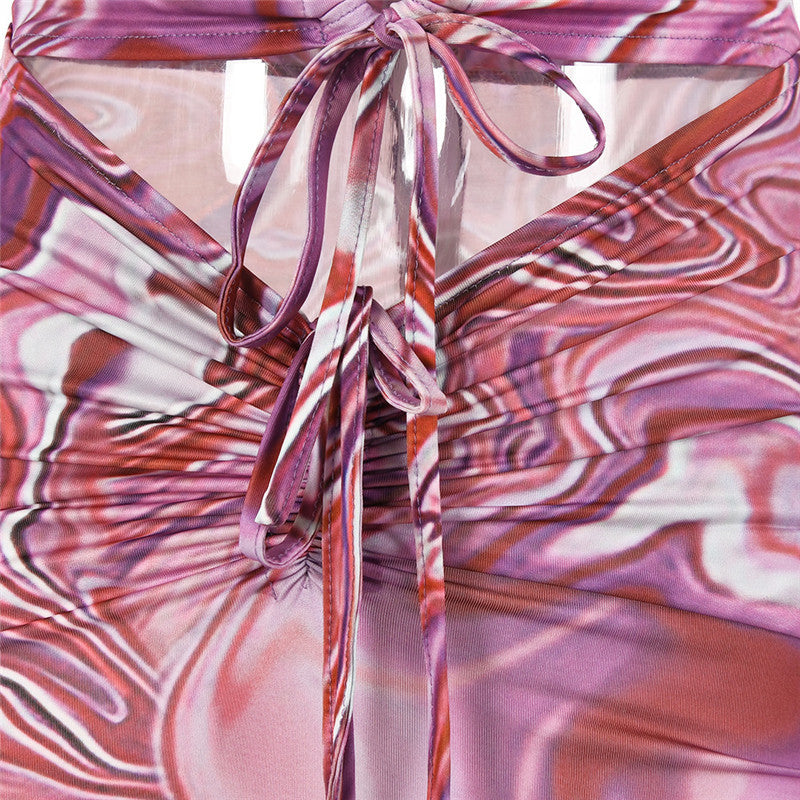 ORCHID HALTER CUTOUT RUCHED DRESS