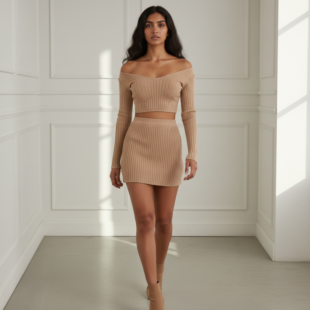 NUDE RIBBED KNIT TWO PIECE SET