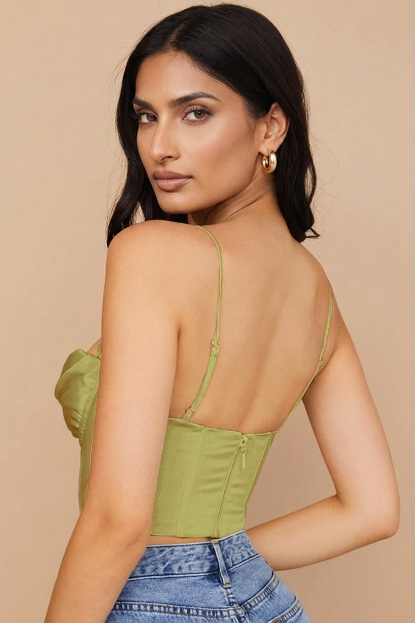 GREEN SATIN DRAPED CORSET TOP