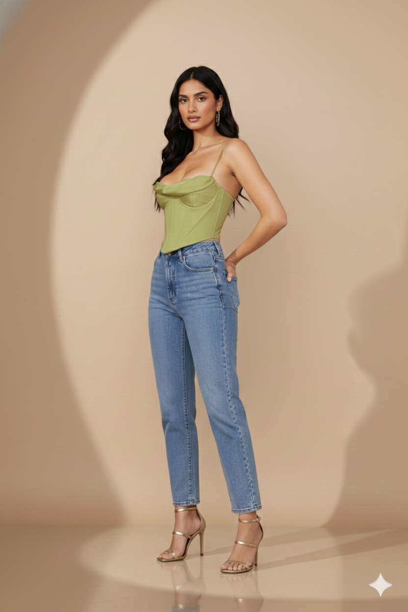 GREEN SATIN DRAPED CORSET TOP