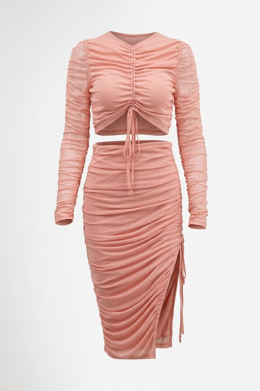 LIGHT CORAL RUCHED DRAWSTRING CORD-SET