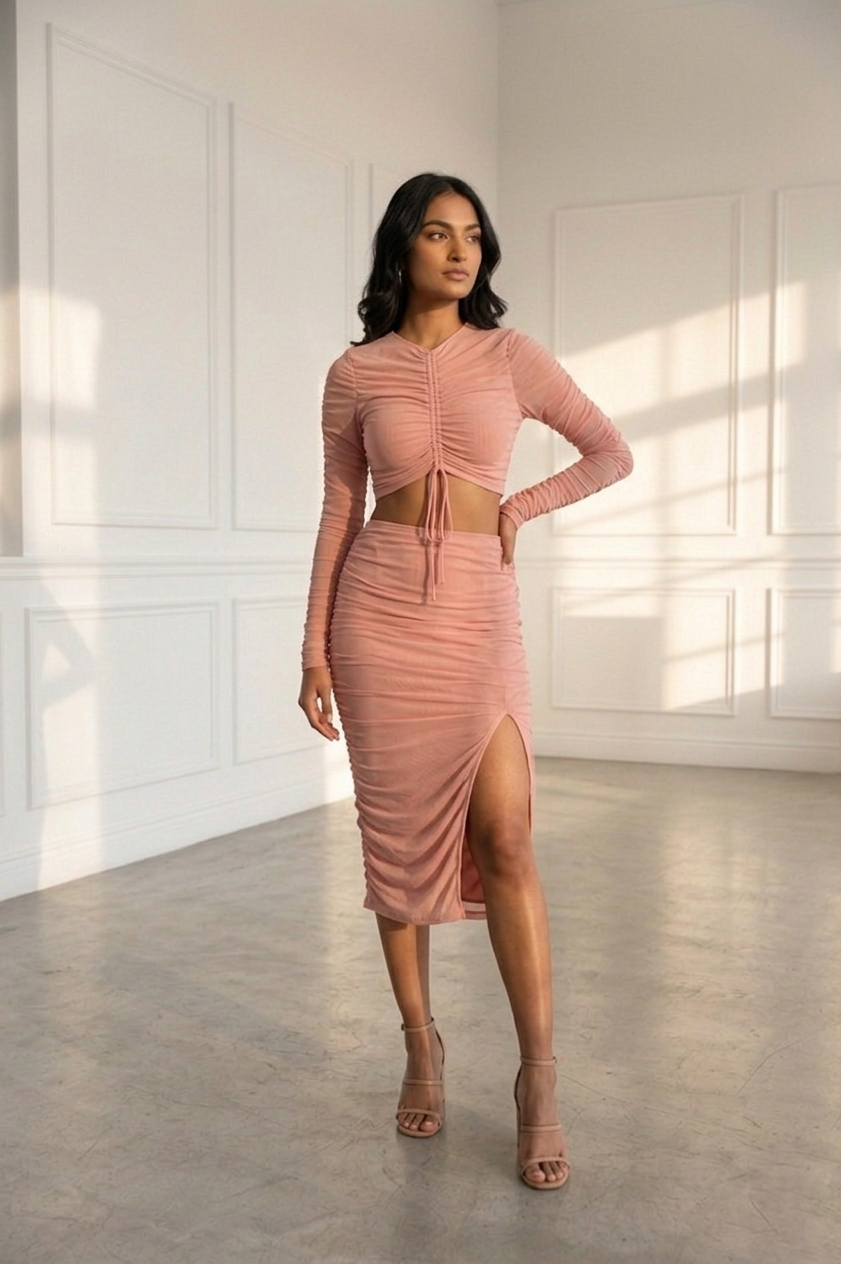 LIGHT CORAL RUCHED DRAWSTRING CORD-SET