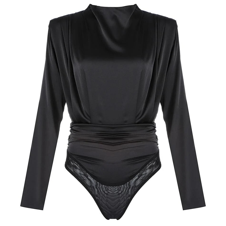 BLACK SATIN MOCK NECK BODYSUIT