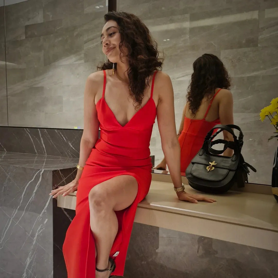 SPAGHETTI STRAP FRONT SLIT LONG DRESS