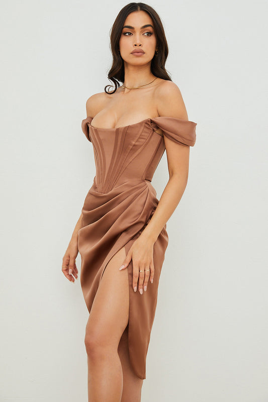 SATIN OFF-SHOULDER CORSET DRESS ROSE GOLD