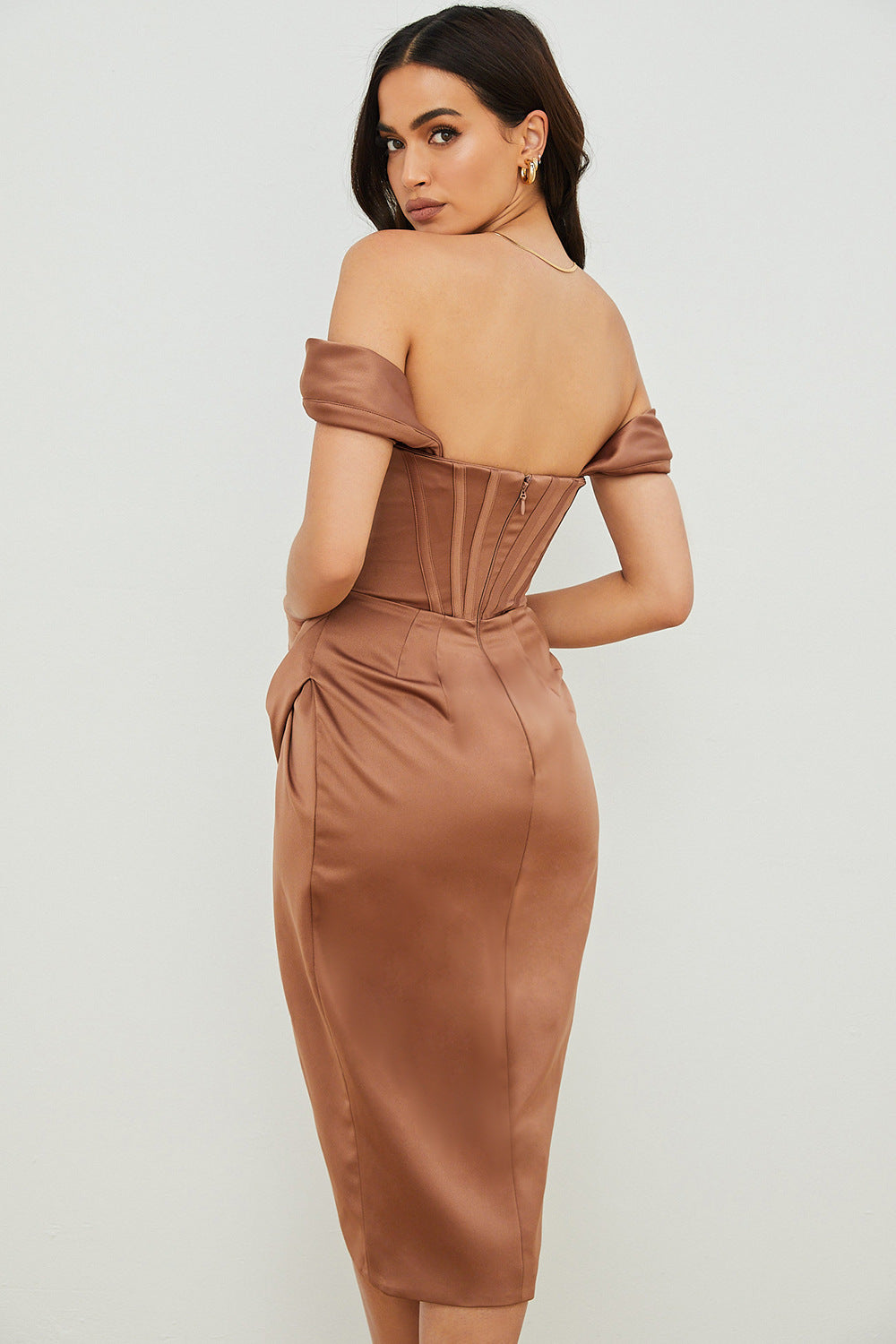SATIN OFF-SHOULDER CORSET DRESS ROSE GOLD