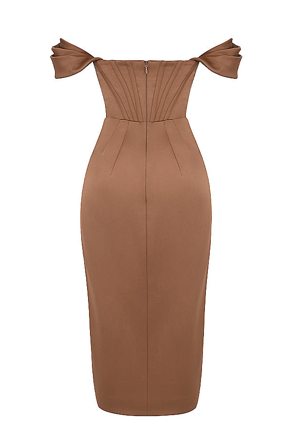 SATIN OFF-SHOULDER CORSET DRESS ROSE GOLD