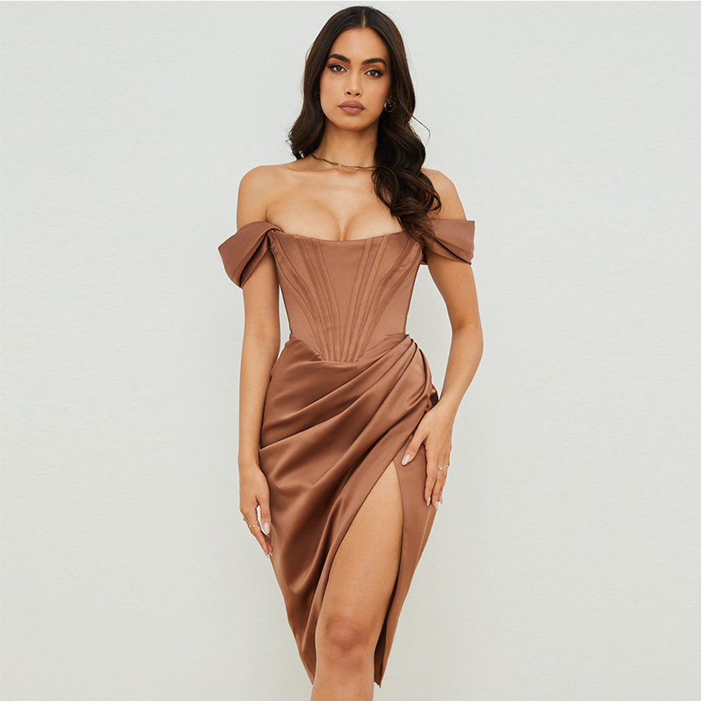 SATIN OFF-SHOULDER CORSET DRESS ROSE GOLD