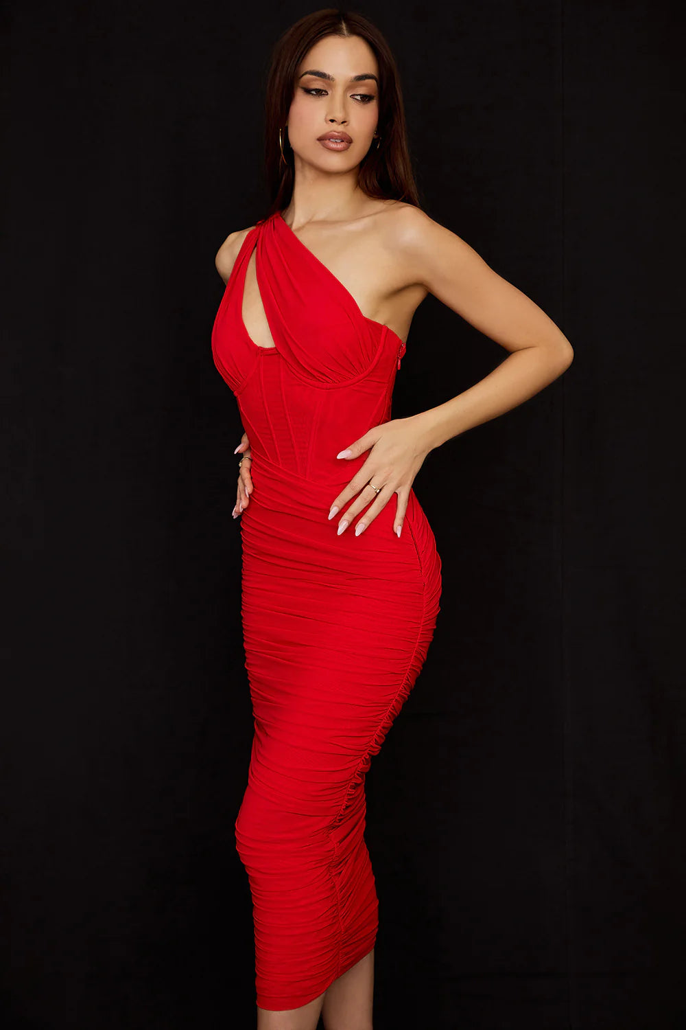 RED ASYMMETRIC CUTOUT MIDI DRESS