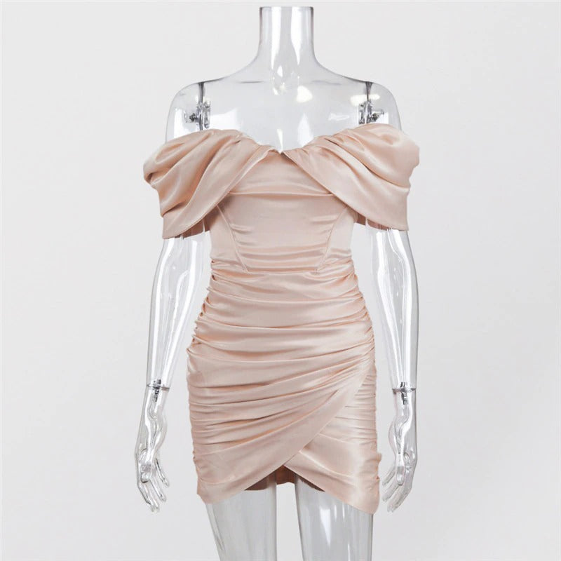 OFF-SHOULDER BLUSH PINK SATIN CORSET DRESS