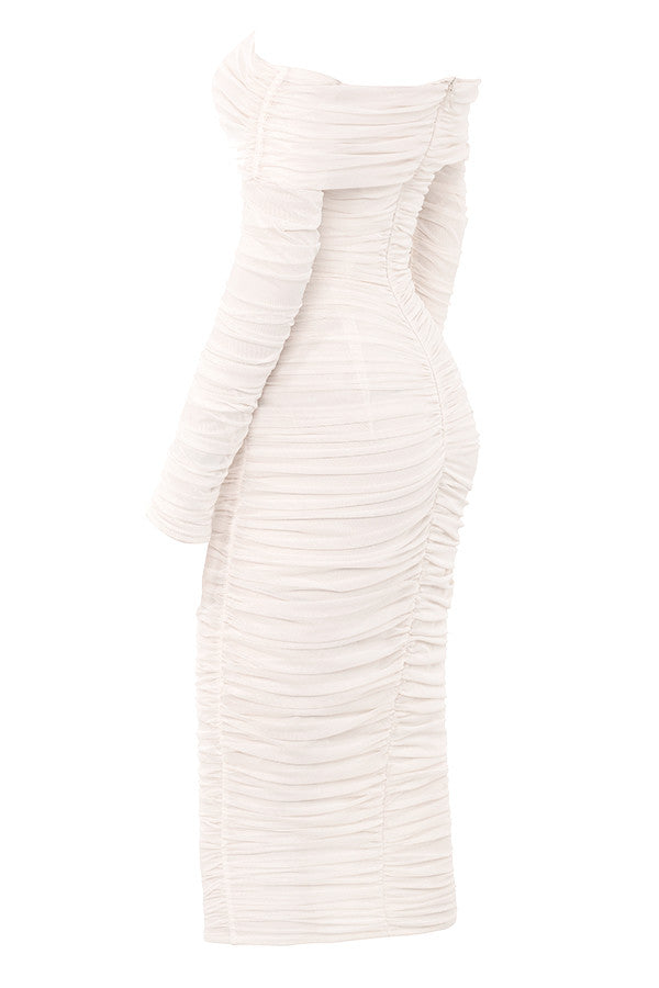MESH BODYCON OFF SHOULDER MIDI DRESS
