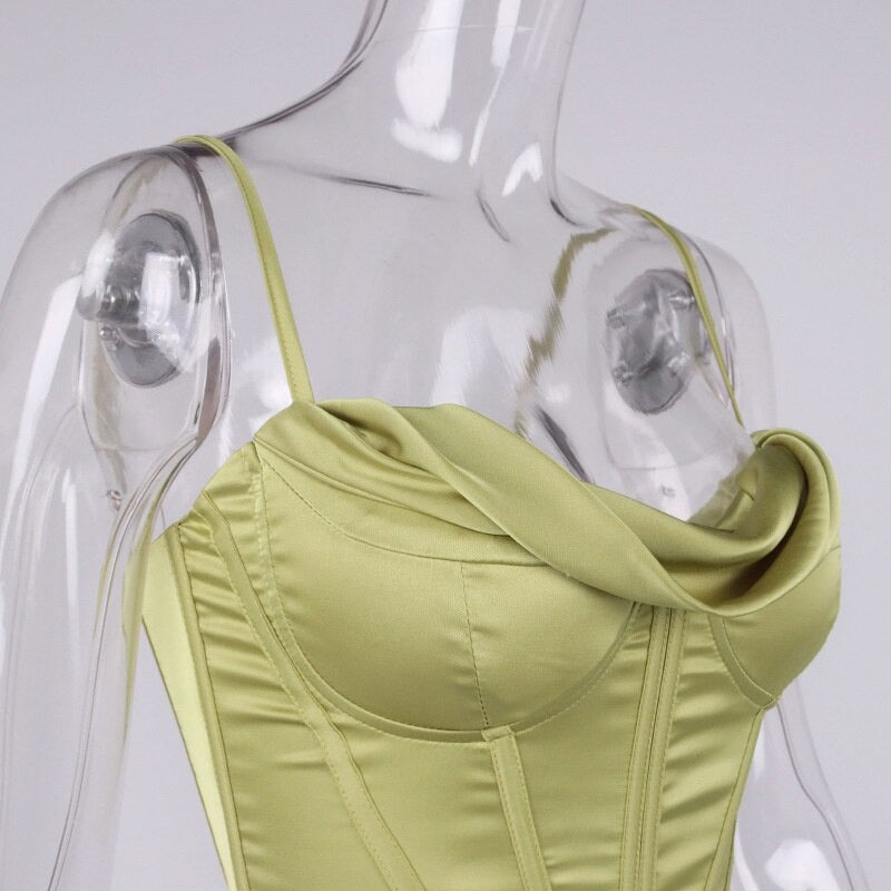 GREEN SATIN DRAPED CORSET TOP