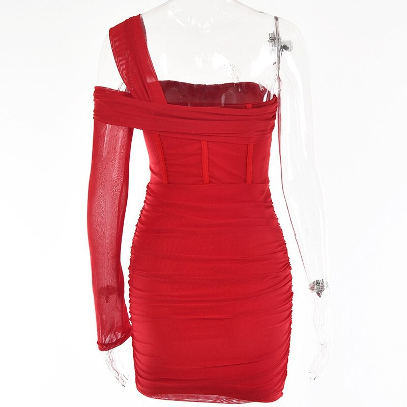 MESH ASYMMETRIC OFF SHOULDER MINI DRESS