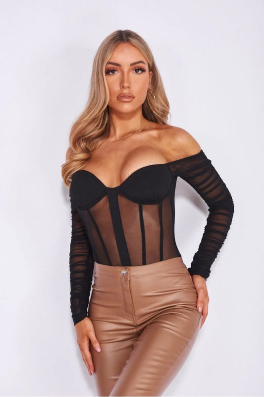 BLACK MESH BUSTIER BODYSUIT