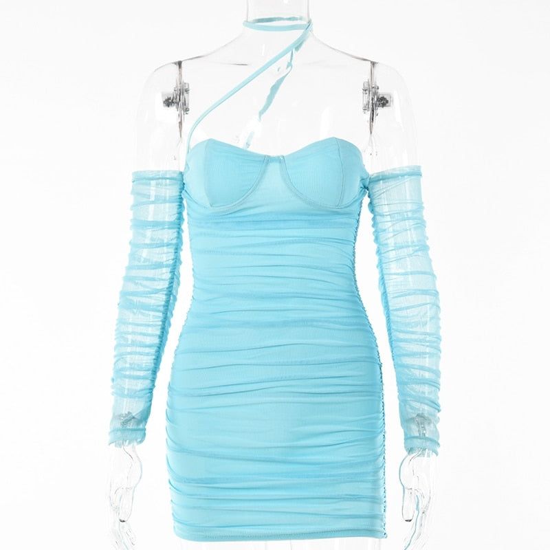 OFF SHOULDER MESH MINI DRESS
