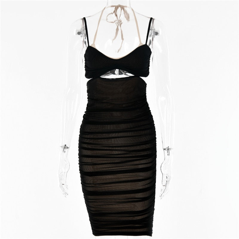 MESH CUTOUT RUCHED MIDI DRESS