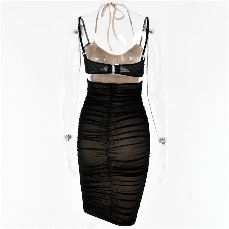 MESH CUTOUT RUCHED MIDI DRESS