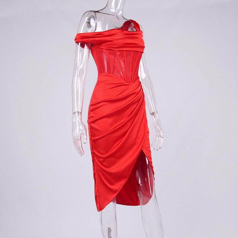ASYMMETRIC DRAPE MIDI CORSET DRESS
