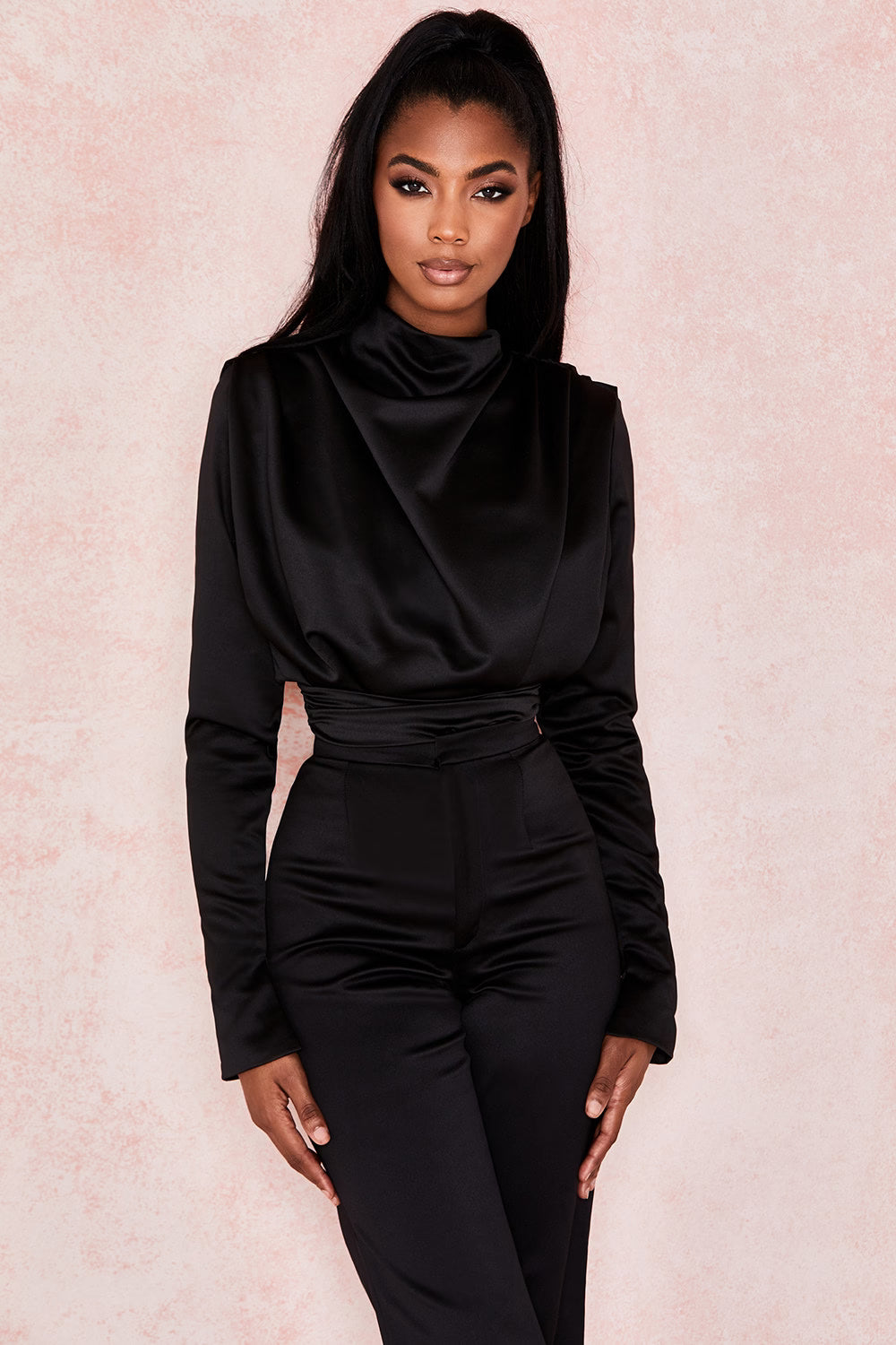 BLACK SATIN MOCK NECK BODYSUIT