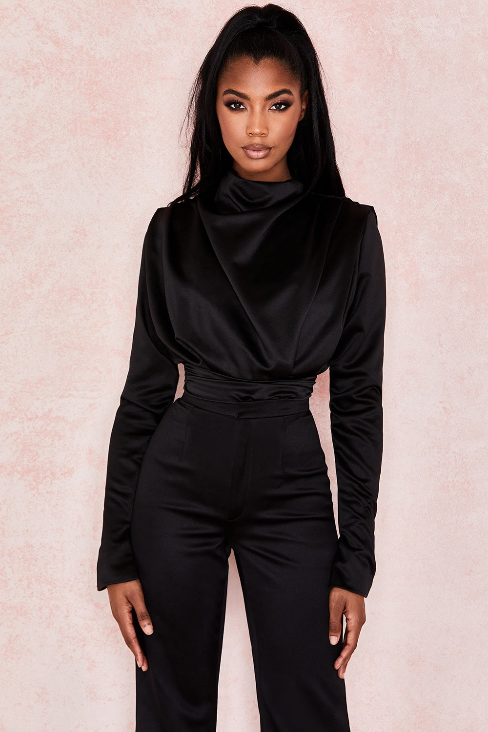 BLACK SATIN MOCK NECK BODYSUIT