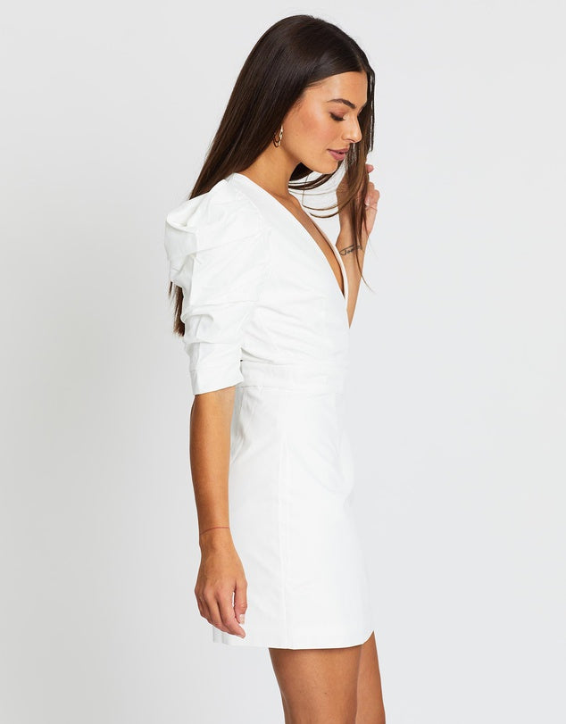 DEEP V NECK PUFF SLEEVE BODYCON DRESS