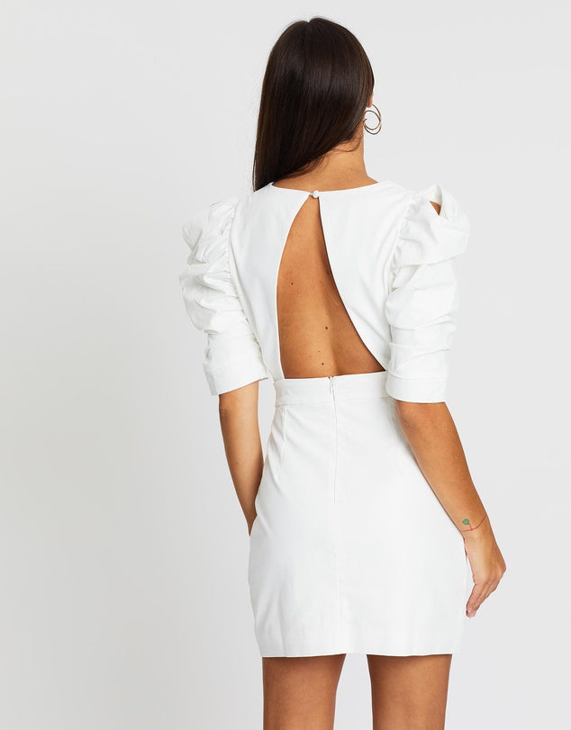 DEEP V NECK PUFF SLEEVE BODYCON DRESS