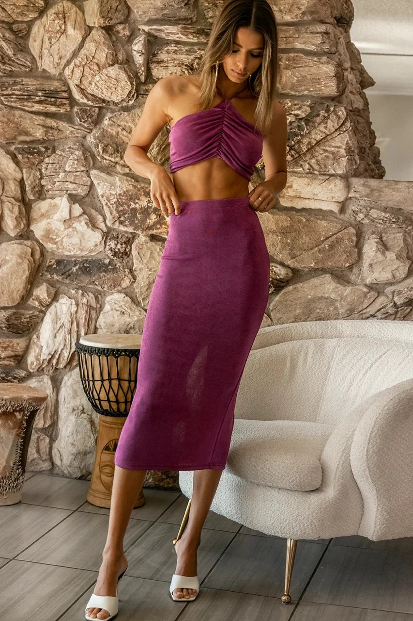 PURPLE RUCHED HALTER NECK CORD SET