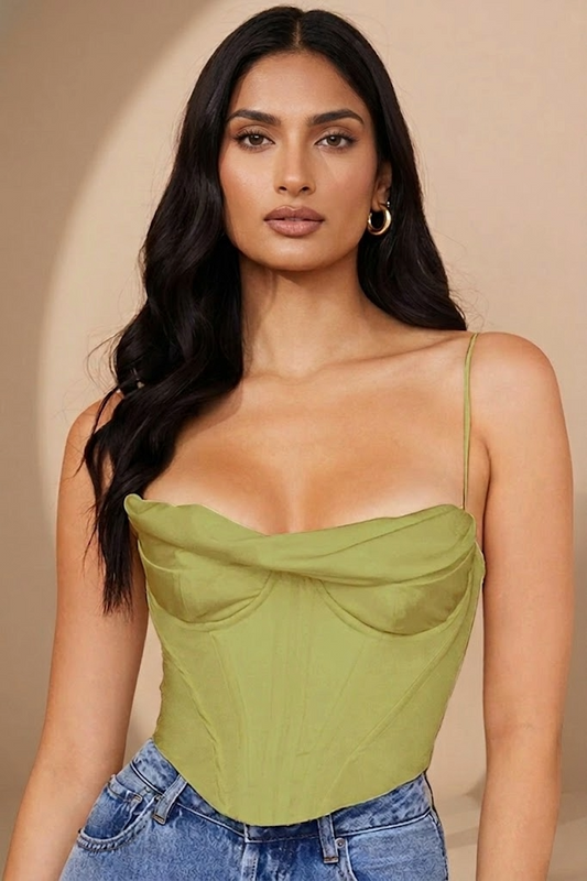 GREEN SATIN DRAPED CORSET TOP