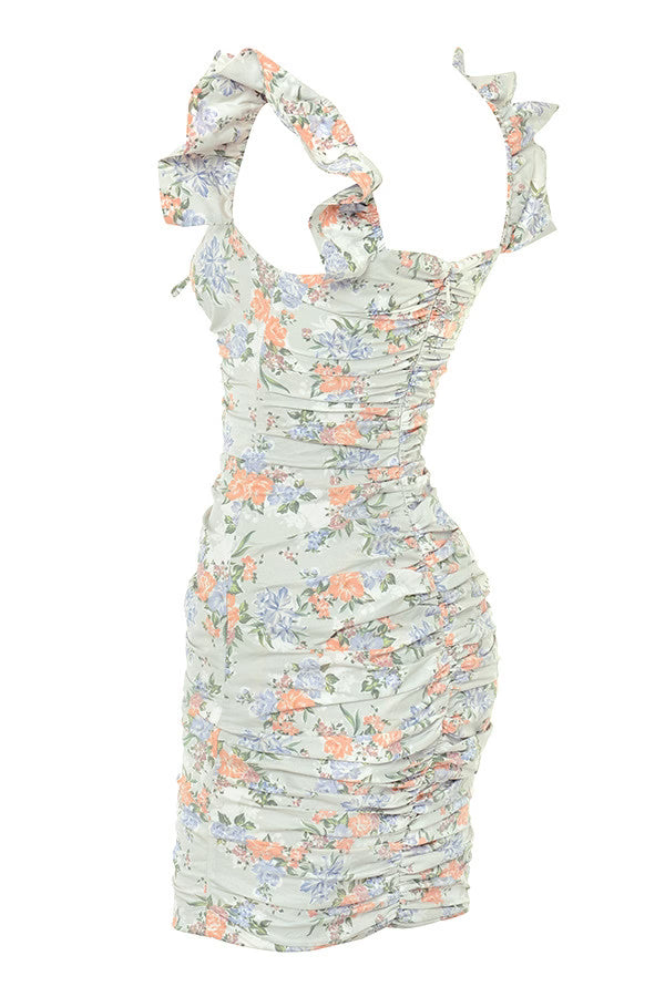 FLORAL LACE UP RUNCHED BTTERFLY SLEEVE DRESS