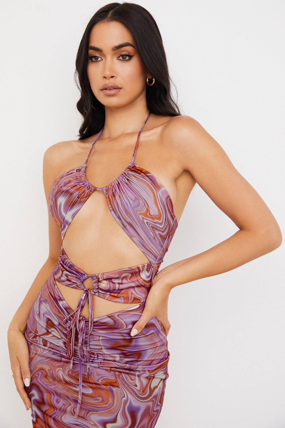 ORCHID HALTER CUTOUT RUCHED DRESS